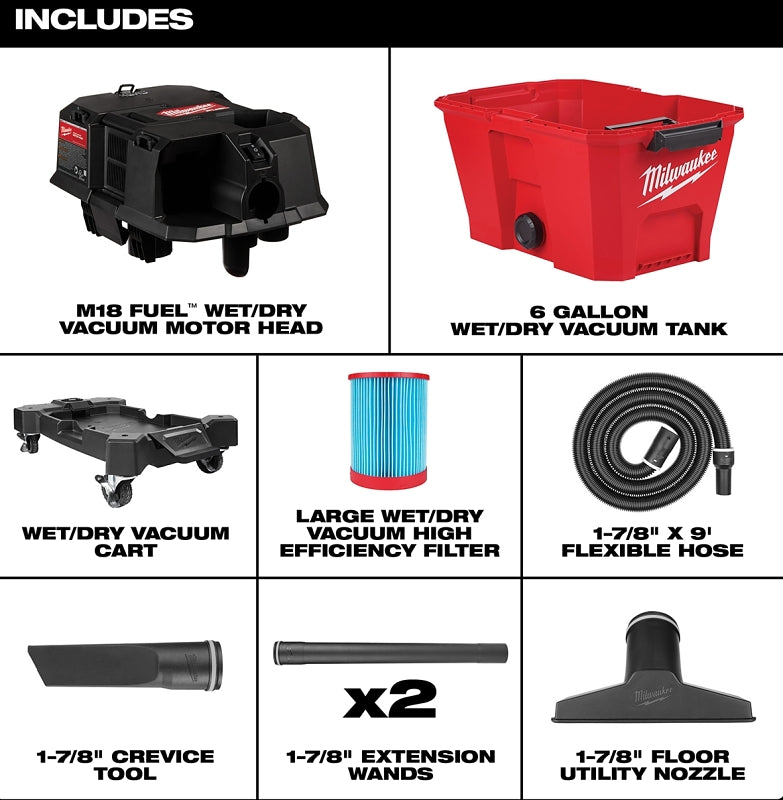 Milwaukee M18 FUEL 0910-20 Wet/Dry Vacuum, 6 gal, 87 cfm Air, Cartridge, 18 V