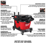 Milwaukee M18 FUEL 0910-20 Wet/Dry Vacuum, 6 gal, 87 cfm Air, Cartridge, 18 V