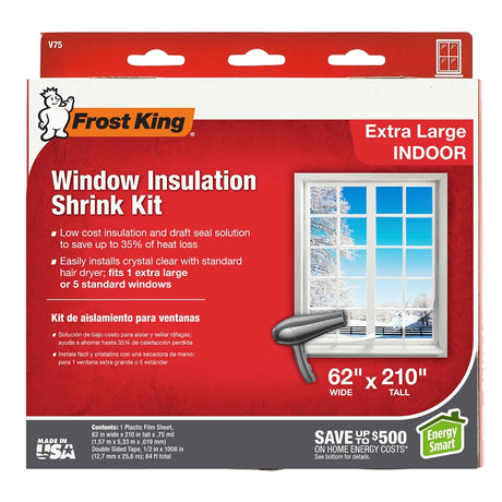 Frost King V75H Indoor Shrink Window Kit, 62 in W, 0.75 mil Thick, 210 in L, Plastic, Crystal Clear, 1/PK
