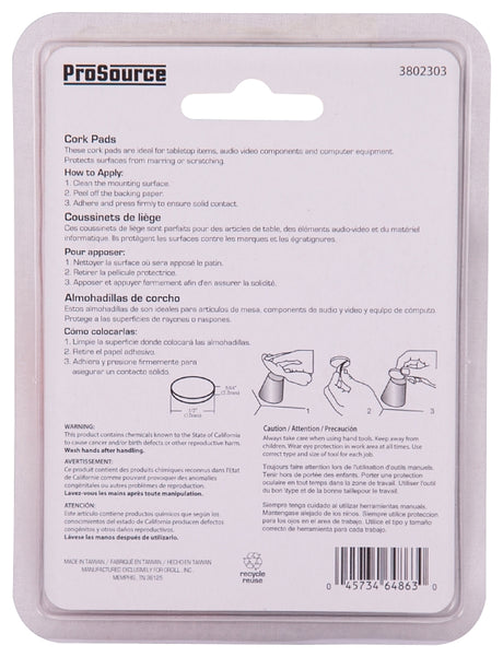 ProSource FE-50700-PS Furniture Pad, Cork, Wood, 1/2 in Dia, 5/64 in Thick, Round