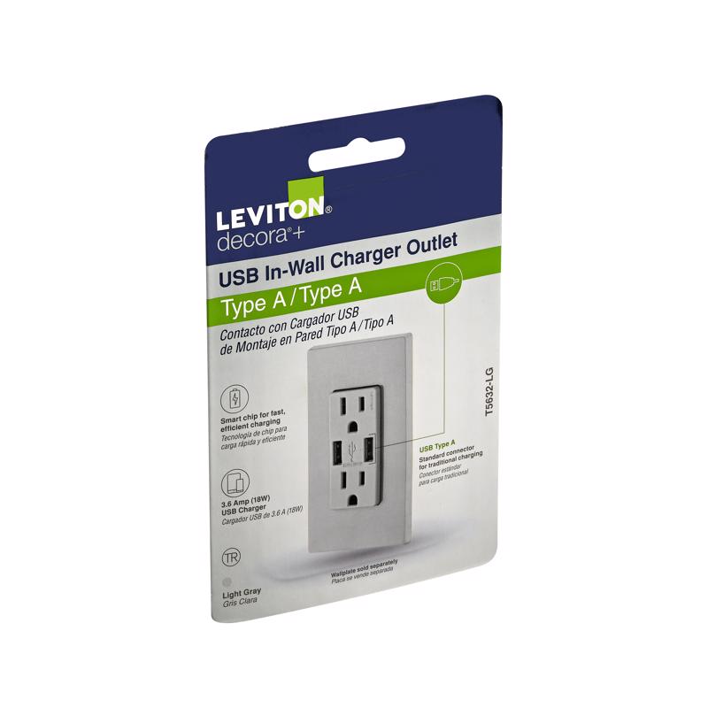 Leviton Decora 15 amps 125 V Gray Outlet and USB Charger 5-15R 1 pk