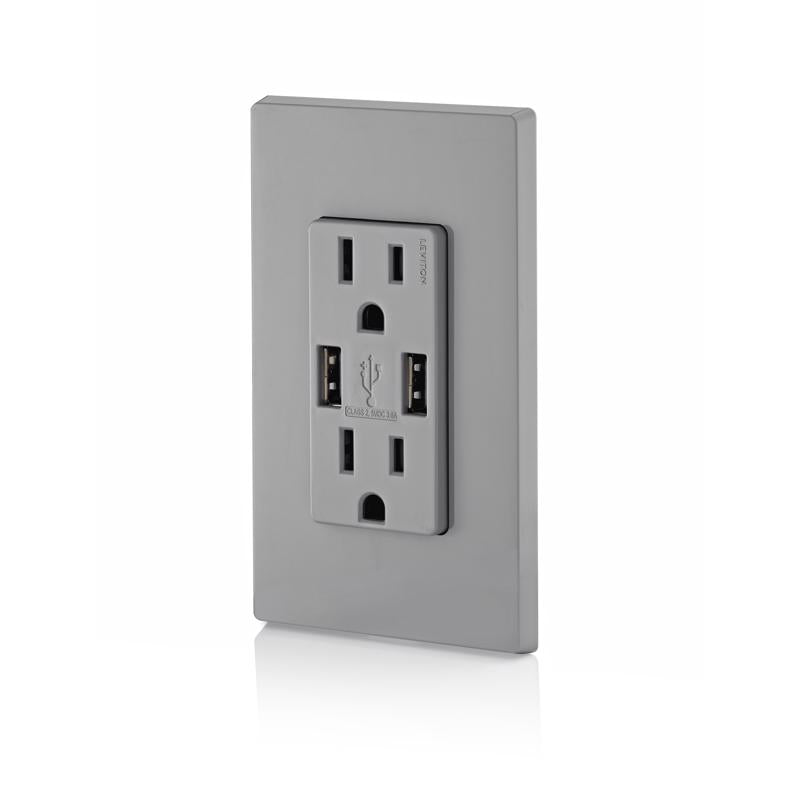 Leviton Decora 15 amps 125 V Gray Outlet and USB Charger 5-15R 1 pk