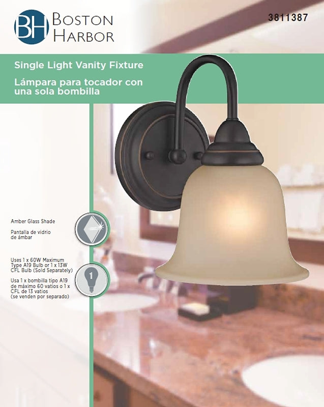 Boston Harbor LYB130928-1VL-VB Wall Sconce, 60 W, 1-Lamp, A19 or CFL Lamp, Steel Fixture, Venetian Bronze Fixture