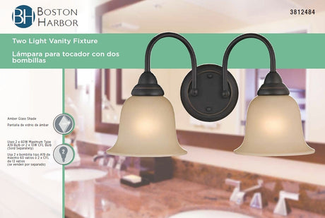Boston Harbor LYB130928-2VL-VB Vanity Light Fixture, 60 W, 2-Lamp, A19 or CFL Lamp, Steel Fixture