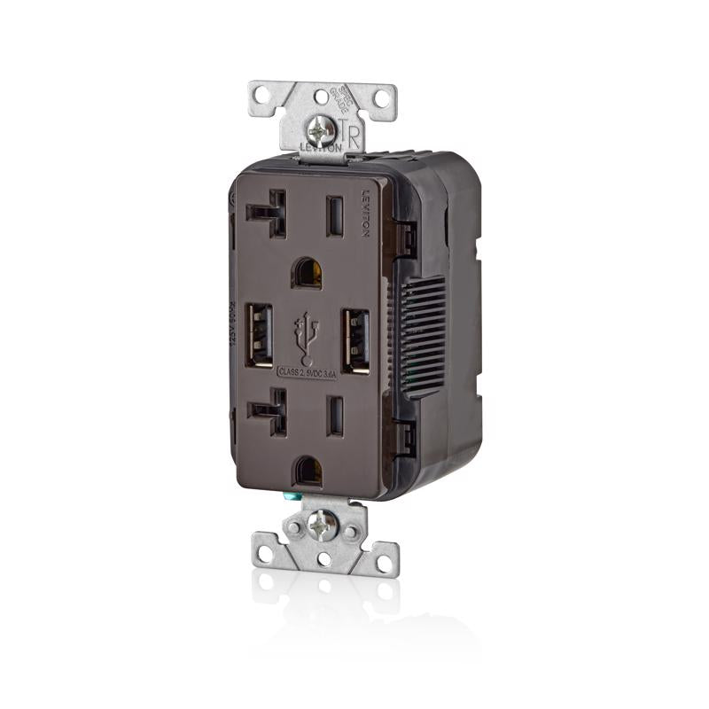 Leviton Decora 20 amps 125 V Brown Outlet and USB Charger 5-20R 1 pk
