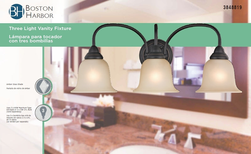 Boston Harbor LYB130928-3VL-VB Vanity Light Fixture, 60 W, 3-Lamp, A19 or CFL Lamp, Steel Fixture