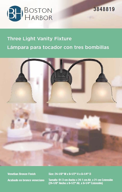 Boston Harbor LYB130928-3VL-VB Vanity Light Fixture, 60 W, 3-Lamp, A19 or CFL Lamp, Steel Fixture