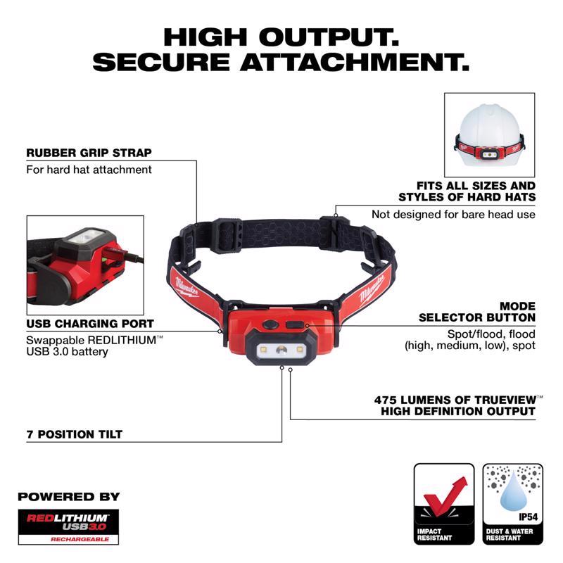 Milwaukee Redlithium 475 lm Black/Red LED Head Lamp