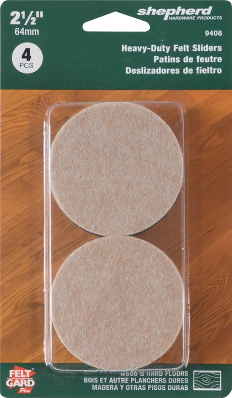 Shepherd Hardware 9408 Slider Pad, Felt Cloth, Beige, 2-1/2 in Dia, 1/2 in Thick, Round, Pack of 4