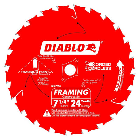 Diablo D0724A Circular Saw Blade, 7-1/4 in Dia, 5/8 in Arbor, 24-Teeth, Carbide Cutting Edge, Pack of 10