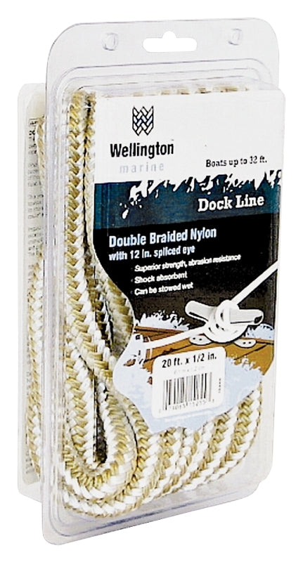 Wellington 15255 Dock Line, 1/2 in Dia, 20 ft L, 320 lb Working Load, Nylon, Gold/White