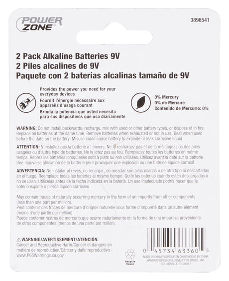 PowerZone 6LR61-2P-DB Battery, 9 V Battery, Zinc, Manganese Dioxide, and Potassium Hydroxide, Pack of 15