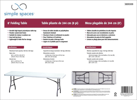 Simple Spaces DL-C2403L Banquet Table, 8 ft OAW, 30 in OAD, 29-1/4 in OAH, Steel Frame, Polyethylene Tabletop