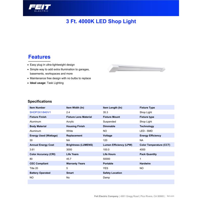 Feit SHOP 36 in. 1-Light each 30 W LED Utility Light