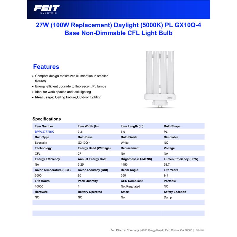 Feit 27 W PL 5.875 in. L CFL Bulb Daylight Specialty 6500 K 1 pk