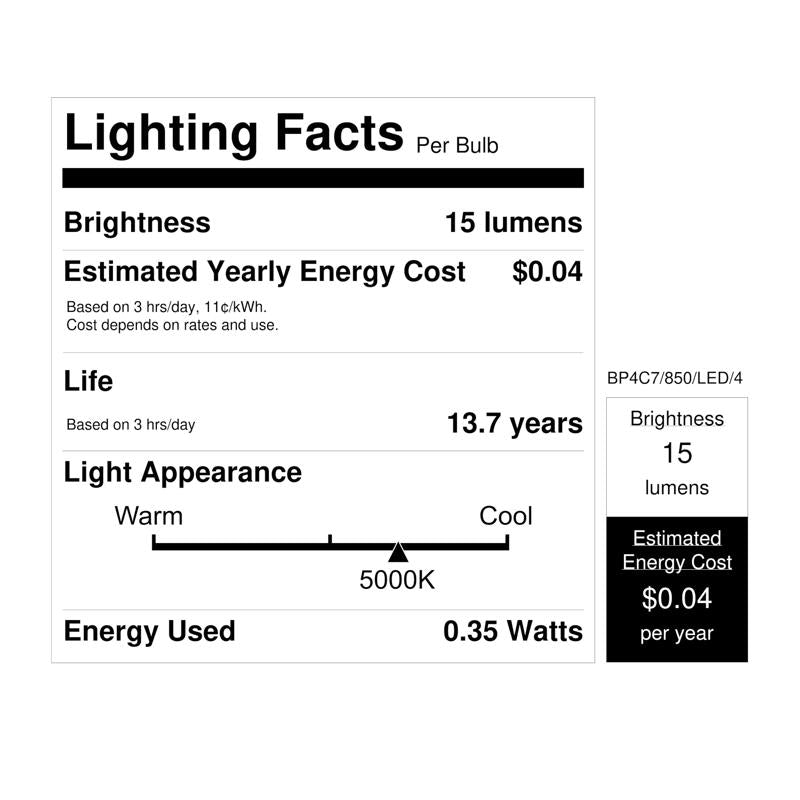 Feit C7 E12 (Candelabra) LED Bulb Daylight 4 Watt Equivalence 4 pk