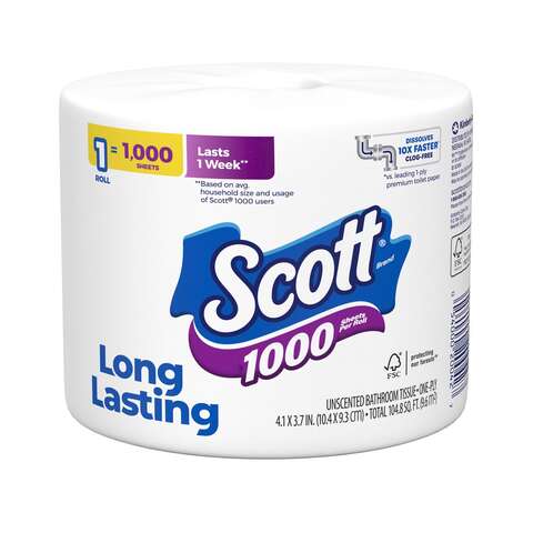 Scott Toilet Paper 1 Rolls 1000 sheet 104.8 sq ft, Pack of 36