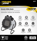 PowerZone BNT-15B2 Ceramic Utility Heater, 12.5 A, 120 V, 750/1500 W, 2-Heat Setting, Grey