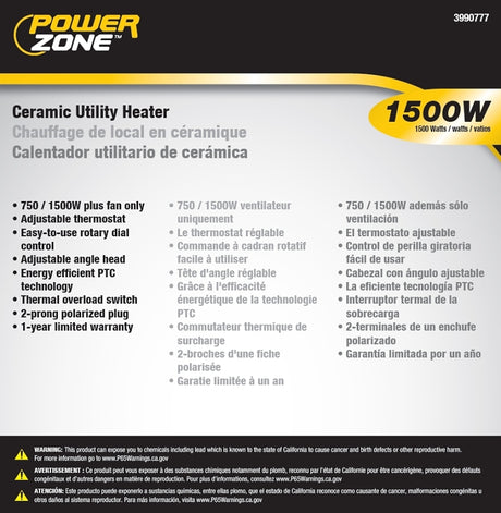 PowerZone BNT-15B2 Ceramic Utility Heater, 12.5 A, 120 V, 750/1500 W, 2-Heat Setting, Grey
