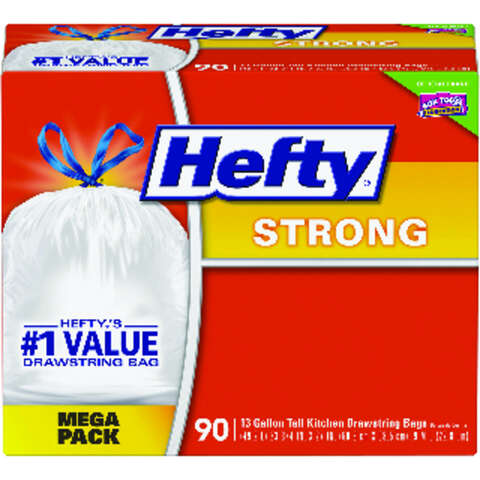 Hefty Strong 13 gal No Scent Scent Kitchen Trash Bags Drawstring 90 pk 0.9 mil, Pack of 3