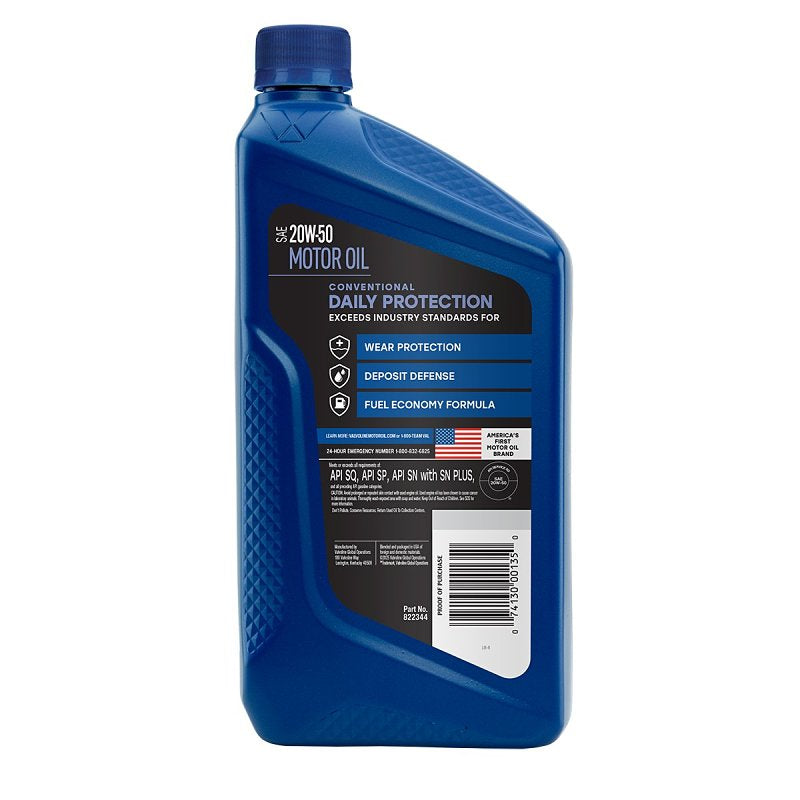 Valvoline Daily Protection 822344 Synthetic Blend Motor Oil, 20W-50, 1 qt, Bottle, Pack of 6
