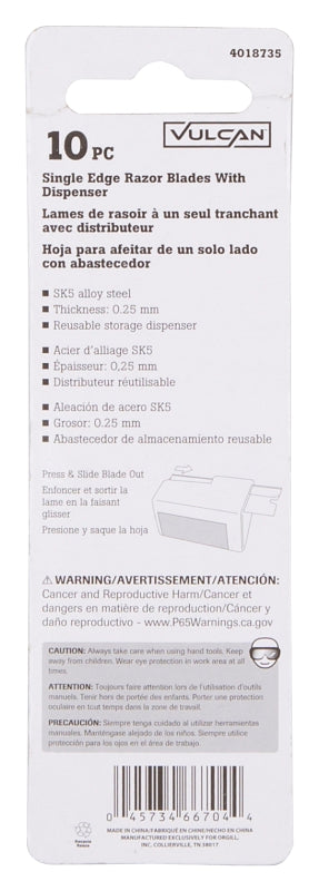 Vulcan JL-BD-06 Blade with Dispenser, Razor Blade, 3/4 in W Blade, SK5 Steel Blade, 2-1/4 in OAL