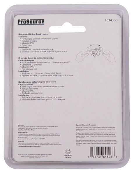 ProSource GB72733-PS Ceiling Track Hook, 1.5 in L, 0.35 in H, PVC, Clear, Wall Mount Mounting