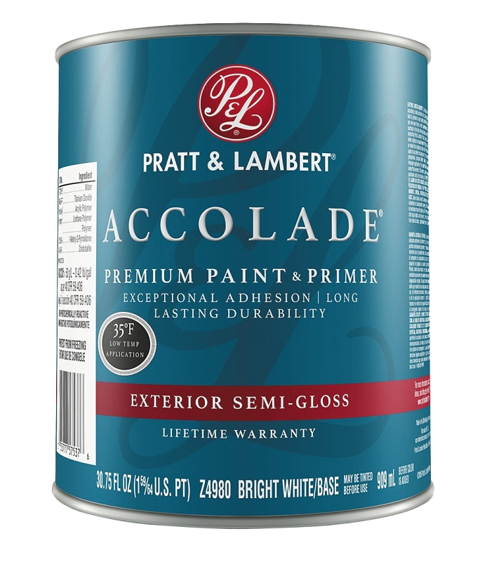 Pratt & Lambert Accolade Z4900 0000Z4980-44 Exterior Premium Paint and Primer, Semi-Gloss, Bright White, 1 qt