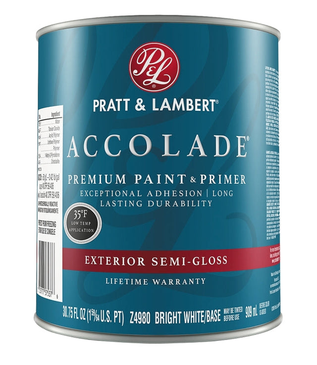 Pratt & Lambert Accolade Z4900 0000Z4980-44 Exterior Premium Paint and Primer, Semi-Gloss, Bright White, 1 qt