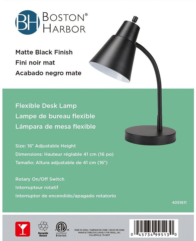 Boston Harbor TL-TB-170-BK-3L Flexible Desk Lamp, 120 V, 60 W, 1-Lamp, CFL Lamp, Black Fixture, Black