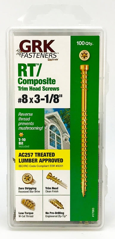 GRK Fasteners RT Series 17083 Screw, #8 Thread, 3-1/8 in L, Reverse Thread, Trim Head, Star Drive, Steel, 100/PK