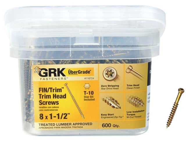 GRK Fasteners 116724 Finishing Screw, #8 Thread, 1-1/2 in L, Trim Head, Star Drive, Steel, 600 PK