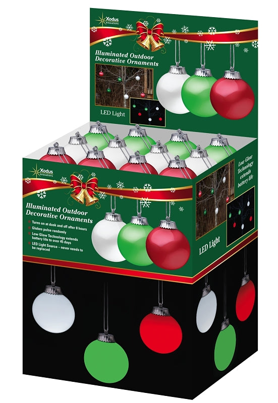 Xodus Innovations WP5ST-54 Pulsing Ornament Display, 6 in H, Round, LED Bulb, Plastic, Green/Red/White, Pack of 54