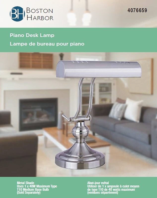 Boston Harbor TL-TB-800A3L Piano Desk Lamp, 120 V, 40 W, 1-Lamp, T10 Lamp, Satin Nickel Finish