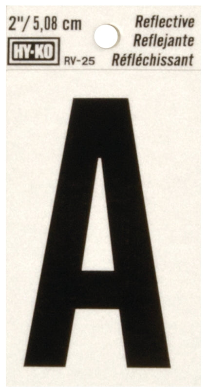 Hy-Ko RV-25/A Reflective Letter, Character: A, 2 in H Character, Black Character, Silver Background, Vinyl, Pack of 10