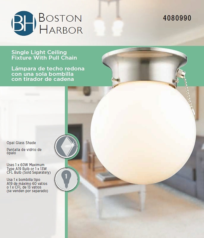 Boston Harbor F3015-3375-BN Ceiling Light Fixture, 0.5 A, 120 V, 60 W, 1-Lamp, A19 or CFL Lamp, Metal Fixture