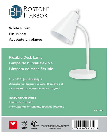 Boston Harbor TL-TB-170-WH-3L Flexible Desk Lamp, 120 V, 60 W, 1-Lamp, CFL Lamp, White Fixture, White