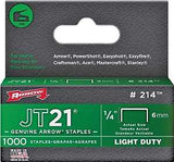 Arrow JT21 Series 214 Staple, 1/4 in W Crown, 1/4 in L Leg, 0.03 ga, Pack of 5