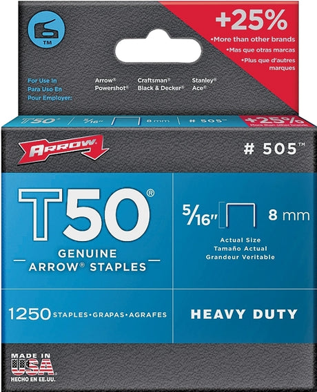 Arrow T50 Series 50524 Staple, For: HT-50A, T50, T55 Stapler, 3/8 in W Crown, 5/16 in L Leg, Pack of 4