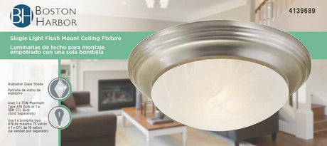 Boston Harbor 563118BN Single Light Flush Mount Ceiling Fixture, 120 V, 60 W, 1-Lamp, A19 or CFL Lamp