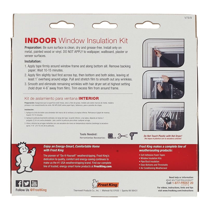 Frost King V73/9H Indoor Shrink Window Kit, 42 in W, 0.75 mil Thick, 5.2 ft L, Plastic, Clear