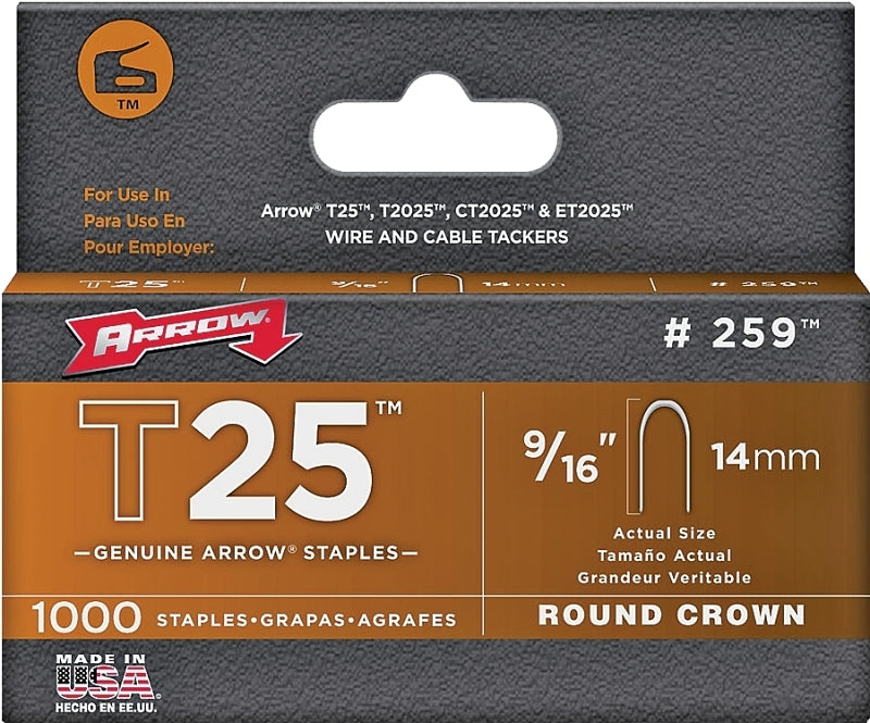 Arrow T25 Series 259 Staple, 5/16 in W Crown, 9/16 in L Leg, Pack of 5