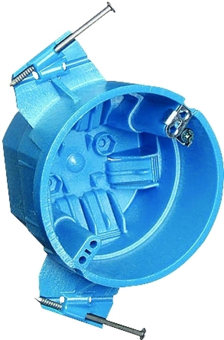 Carlon BH525P Ceiling Box, L Bracket, Nail Mounting, 4 in W, 4 in D, 3 in H, 1-Gang, PVC, Blue