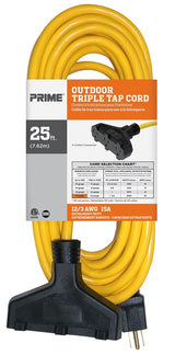 Prime EC600825 Extension Cord, 12/3 AWG Cable, 25 ft L, 15 A, 125 V, Yellow