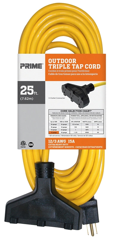 Prime EC600825 Extension Cord, 12/3 AWG Cable, 25 ft L, 15 A, 125 V, Yellow
