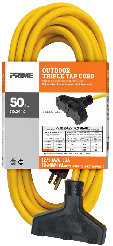 Prime EC600830 Extension Cord, 12 AWG Cable, Plug, 50 ft L, 15 A, 125 V, Yellow