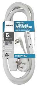 Prime SnugPlug EC930706K Extension Cord, 14/3 AWG Cable, 6 ft L, 15 A, 125 V, White