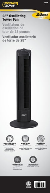 PowerZone TF-28B Oscillating Fan Tower, 120 V, 0.45 A, 90 deg Sweep, 28 in Dia Blade, Plastic Blade, Black