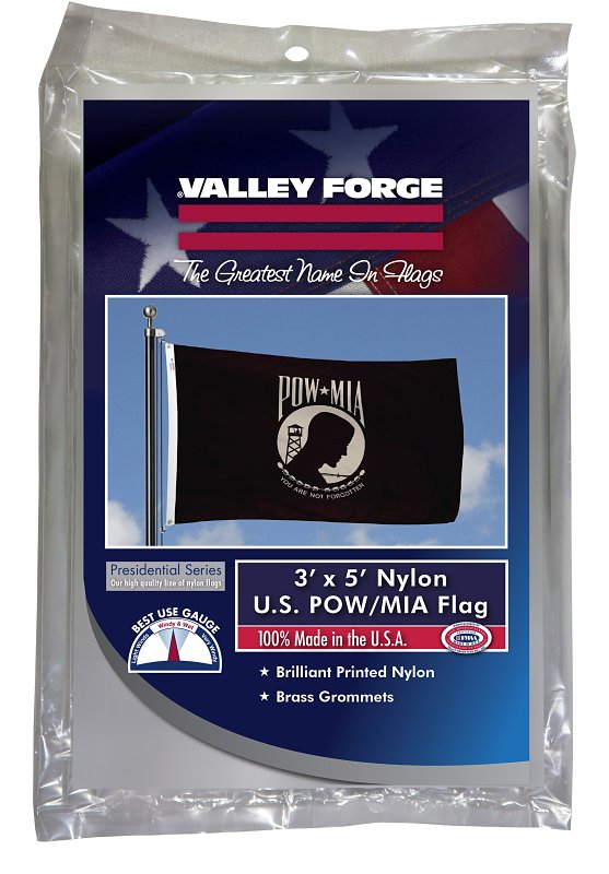 Valley Forge BTPOW3 Pow-Mia Military Flag, Nylon, White Legend, Black Background, 5 ft L, 3 ft W