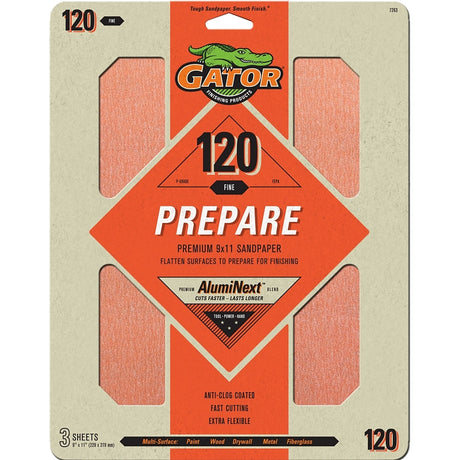 Gator 7263 Sanding Sheet, 11 in L, 9 in W, 120 Grit, Fine, Aluminum Oxide Abrasive